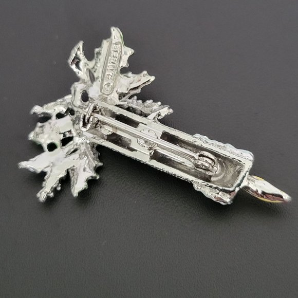 Gerry's Christmas Candle Brooch Pin Sparkly Silver With Holly Leaves Holidays 2" - Picture 5 of 7